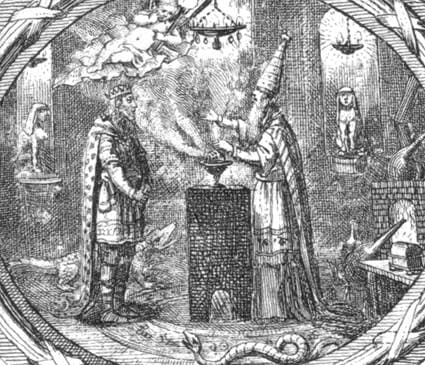 One of the engraved illustrations from Liebeskind’s Dschinnistan, showing a Sarastro-like high priest, Egyptian statuary, symbols of magic and the occult, and a princely figure.